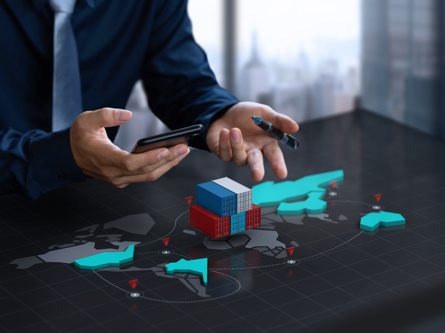 Businessman show export container on digital world map screen